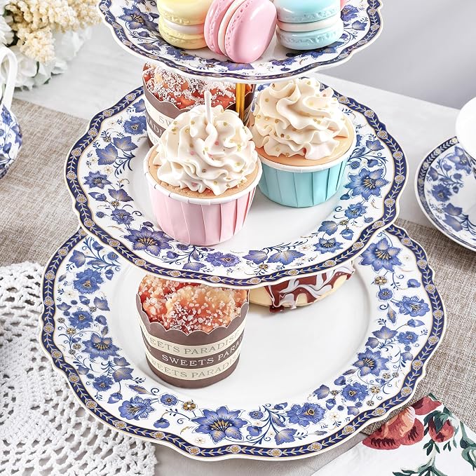 fanquare 3-Tier Blue British Porcelain Cupcake Stand, Elegant Floral Fruit Plate with Gold Trim, Dessert Stand for Birthday, Wedding, Tea Party
