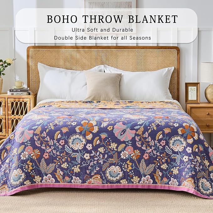 Boho Throw Blanket Farmhouse Decor Throw Blanket Bohemian Blanket for Bed 100% Cotton Muslin Woven Couch Blanket All Seasons Quilt Bedroom (H-Purple, 80"x90")