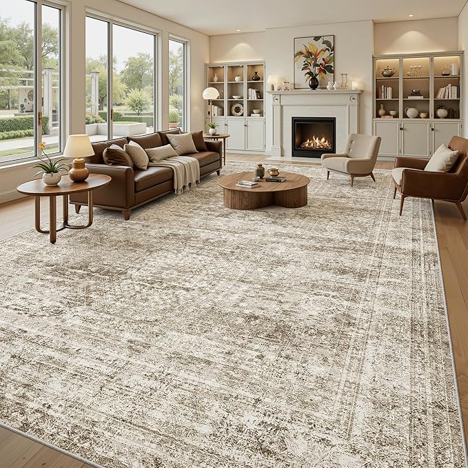 Soalmost 10x14 Area Rugs for Living Room Washable Rug Non-Slip Brown | Large Vintage Stain Resistant Carpet for Dining Bedroom, Low Pile Lightweight Foldable Floor Mat Nursery Home Office Decor