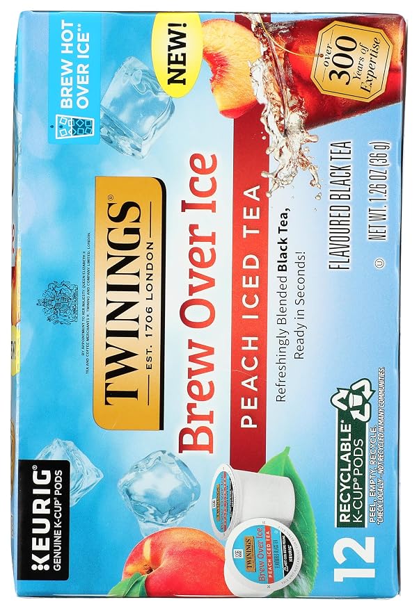 Twinings Brew Over Ice Unsweetened Peach Flavoured Black Iced Tea K-Cup Pods for Keurig, Caffeinated, 12 Count