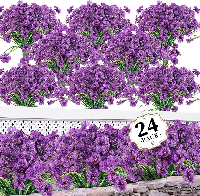 ColoPlay 24Bundles Deep Purple Artificial Flowers for Outdoors, Fake Flower | Fake Plants Outdoors, UV Resistant Faux Flowers for Indoor Outside Garden Porch Window Box Home Wedding Farmhouse