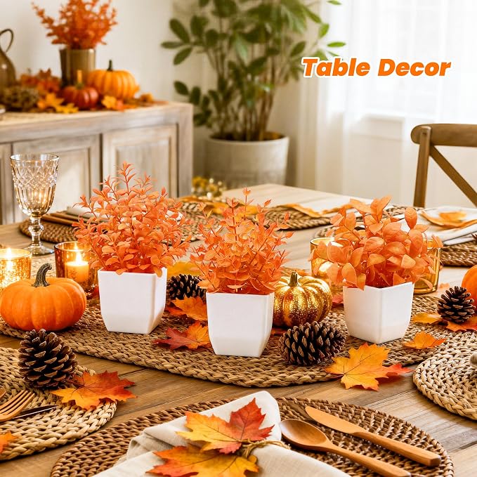 Der Rose 4 Pack Fall Fake Plants in White Pots, Autumn Bathroom Home Decor | Warm orange faux plants, Autumn fall seasonal accents, for shelf windowsill desk bathroom office and Halloween decor