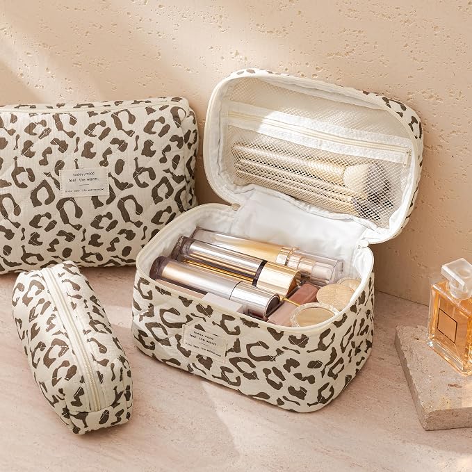 HBselect Quilted Makeup Bag, 3PCS Cotton Large Travel Makeup Bag, Cute Floral Coquette Make up Bag Cosmetic Bag Toiletry Bag for Women Girls