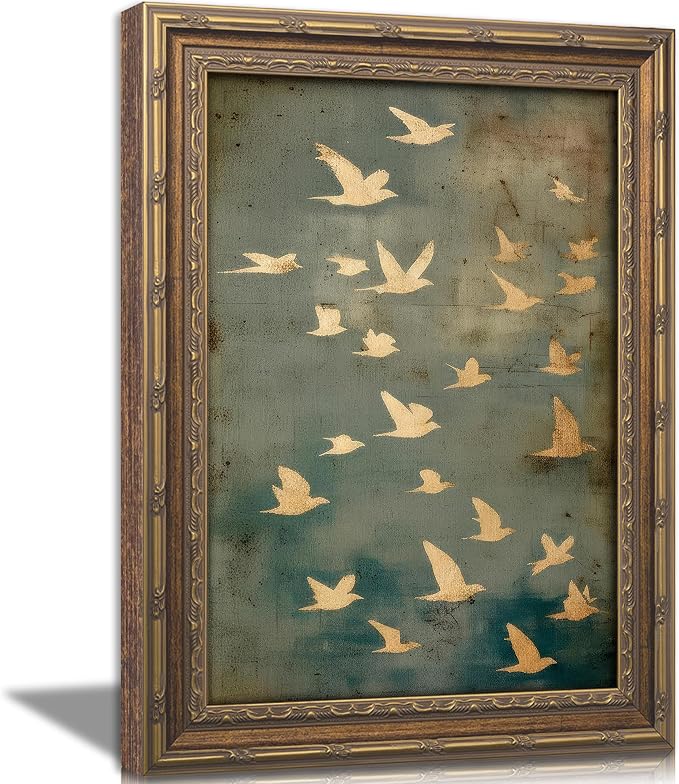 Vintage Gold Framed Wall Art, Golded Inspired Abstract Birds Canvas Prints, Flock of Flying Birds Picture Wall Decor, Rustic Farmhouse Minimalist Animals Poster Artwork for Living Room Bedroom