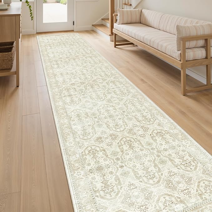 Soalmost Runner Rug 2x10 Washable Hallway Kitchen Runners Beige/Brown | Non-Slip Vintage Rugs for Bathroom Laundry Room, Soft Low Pile Foldable Floor Carpet Mat for Entryway Corridor Bedroom