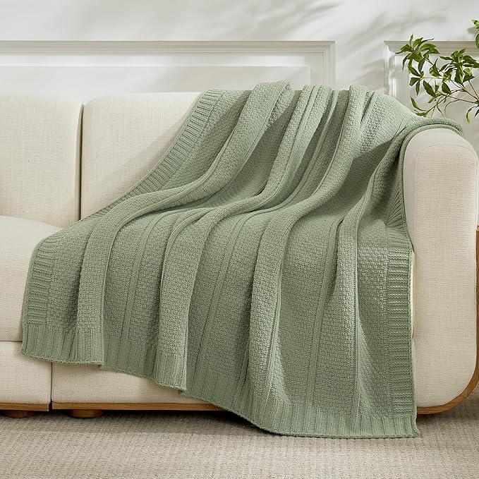 Amélie Home Premium Chenille Throw Blanket, Soft Cozy Moss Stitch Knit Blanket for Couch, Sofa, Chair, Home Decor, Sage Green 50"x60"