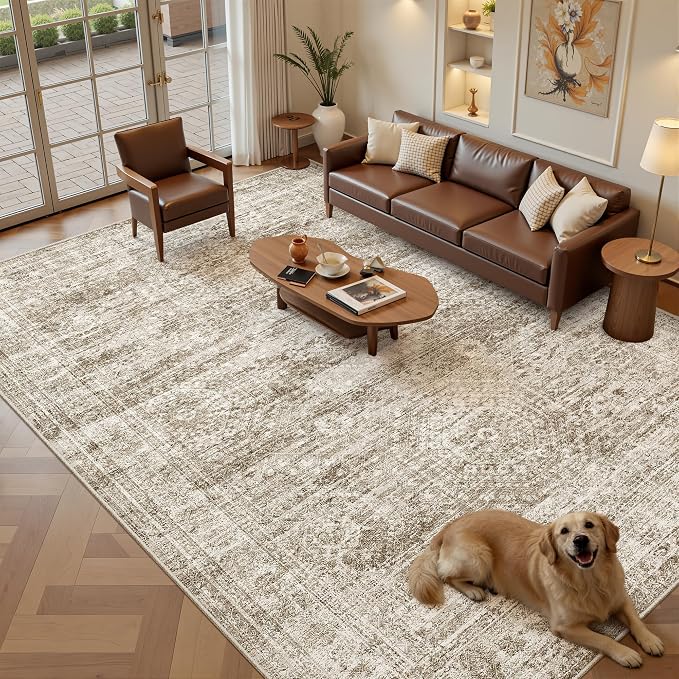 Soalmost 7x10 Area Rug for Living Room Washable Rugs Non-Slip Brown | Low-Pile Vintage Carpet for Dining Bedroom, Foldable Thin Stain Resistant Floor Mat Under Table Home Office Nursery Decor
