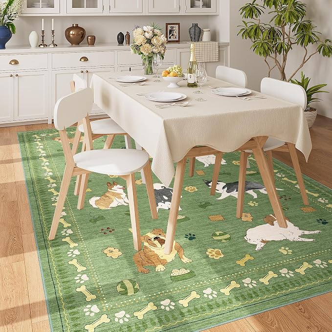 DUKINO 5x7 Area Rugs, Washable Dog Rug for Kids Room Non Slip, Green | Low Pile, Stain Resistant, Soft Animal Carpet for Living Room Bedroom Dining Room Farmhouse, Kid & Pet Friendly, Non Shedding