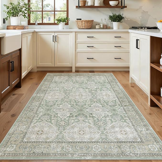 Soalmost 3x5 Rugs, Small Washable Kitchen Entryway Area Rug Green/Brown | Vintage Low Pile Carpet for Nursery Coffee Table Bathroom, Foldable Stain Resistant Indoor Door Mat Entrance Powder Room