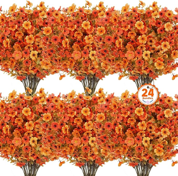 Ouddy Decor 24 Pcs Artificial Fall Flowers, Fake Mums Outdoor, Mixed Orange | Lifelike faux mums, silk flower, UV resistant, no-maintenance, for autumn Thanksgiving garden porch yard indoor outdoor decor