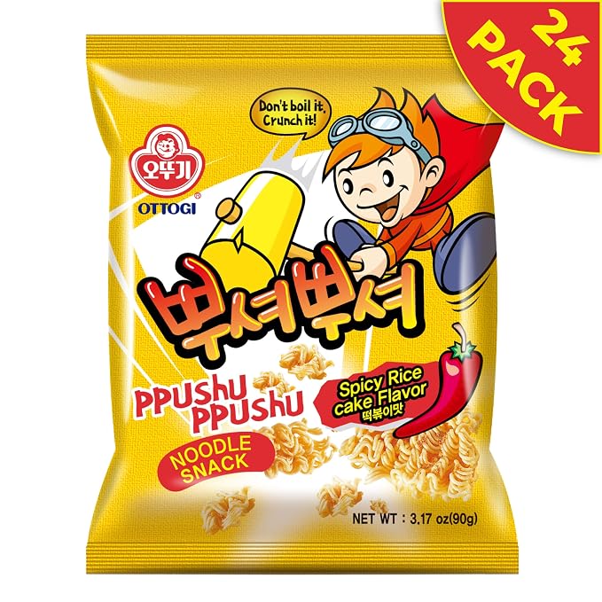 OTOKI Ppushu Ppushu Noodle Snack Spicy Rice Cake (Tteokbokki) Flavor, Korean Ramen Snack, Crush to Eat, 90g, 24 Pack