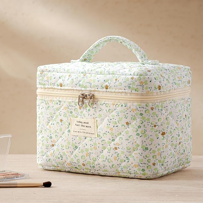 HBselect Quilted Makeup Bag, 3PCS Cotton Large Travel Makeup Bag, Cute Floral Coquette Make up Bag Cosmetic Bag Toiletry Bag for Women Girls