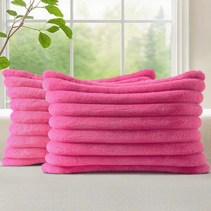 decorUhome Fall Faux Fur Throw Pillow Covers 12x20 Set of 2 Hot Pink | Decorative Soft Cozy Striped Plush Modern Farmhouse Boho Couch Pillow Cases Velvet Back for Sofa Bed Living Room Home Decor