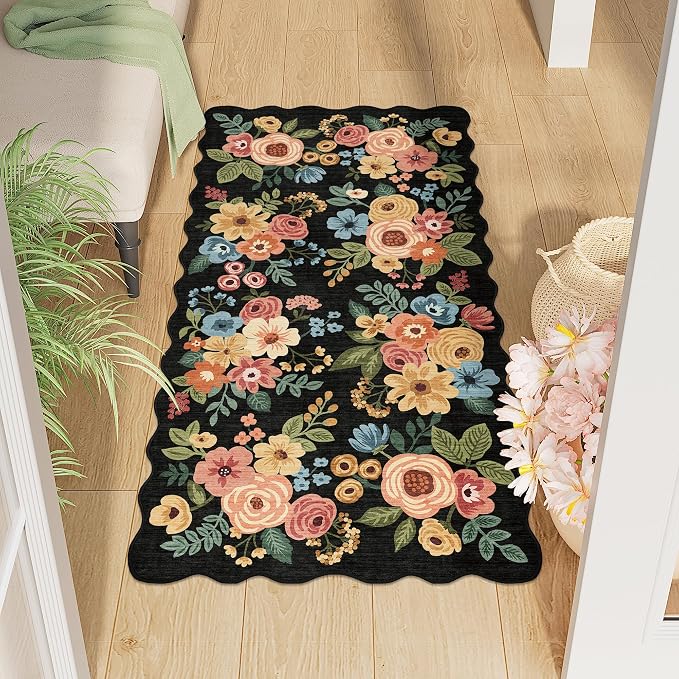 DUKINO 2x4 Rug for Entryway, Floral Washable Kitchen Rugs Non Slip, Black | Soft, Low Pile, Stain Resistant Throw Runner Rug for Hallway, Bedroom, Bathroom, Laundry, Pet Friendly, Modern Home Decor