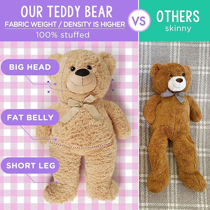 LotFancy 3 Feet Giant Teddy Bear Stuffed Animal, 39 inch Large Bear Plush Toy with Footprints for Birthday, Anniversary, for Her, Women, Girlfriend, Wife