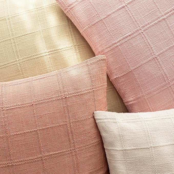 Foindtower Set of 2 Decorative Linen Check Throw Pillow Covers Neutral Farmhouse Vintage Cushion Covers Cozy Modern Boho Accent Home Decor for Sofa Chair Couch Bed Living Room,14×36 Inch,Coral Pink