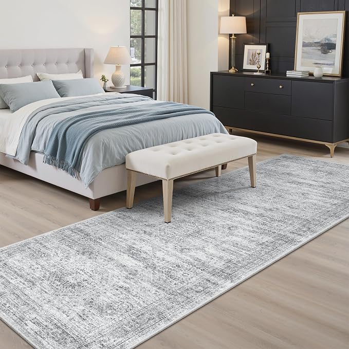 Soalmost Washable Runner Rug 2'6"x8' Kitchen Hallway Runners Grey | Soft Non-Slip 2.5x8ft Carpet for Entryway Bathroom, Low Pile Vintage Foldable Floor Mat for Corridor Laundry Room Bedroom