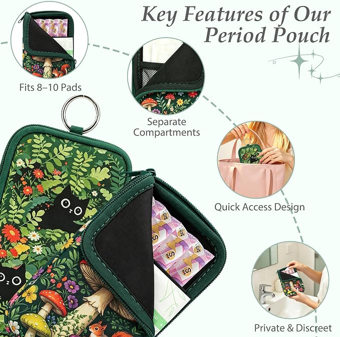 KJQJLY 2 Pack Portable Tampon Organizer Bag Tampon Holder & Storage Case with Zipper for Travel, Discreet Period Bag for Purse, Waterproof Feminine Products Pouch for Women (Cats & Squirrels)