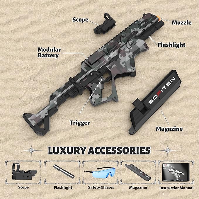 Electric Gel Ball Blaster Gun High Speed 180+FPS Automatic Blaster Gun 100+ Feets Battery Display Foldable Stock Modular Battery with 40,000 Gel Balls Outdoor Games Summer Gifts Over Age 14+
