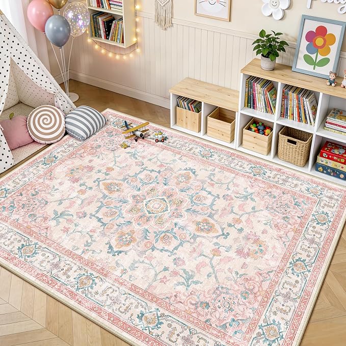 CAPALOCA 6x9 Washable Nursery Girls Low Pile Area Rug Pink Teal | Non-Slip Soft Rugs for Bedroom Kids Playroom Living Room, Print Pattern Water Repellent Carpet Indoor Decor
