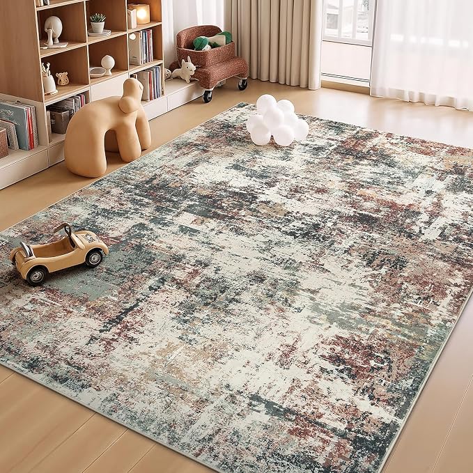 Rugflix 5x7 Area Rugs for Living Room, Washable Rust Brown Green Large Rug | Machine Washable; Stain-Resistant; Low Pile; Non-Slip; Modern Abstract; Carpet for Bedroom Dining Office Nursery Home