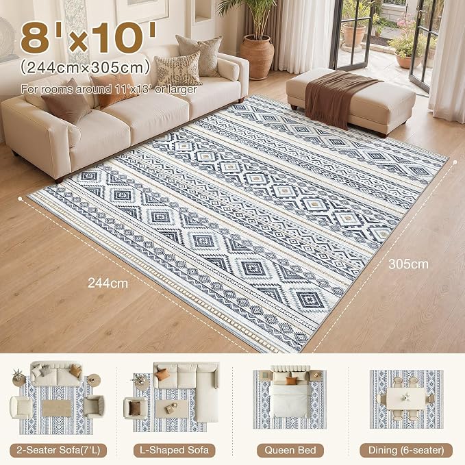 cotiled 8x10 Area Rugs Living Room Rug: Washable Boho Rugs with Non Slip Backing Large Soft Indoor Stain Resistant Carpet for Bedroom Farmhouse Dining Room Lightweight Home Decor Blue