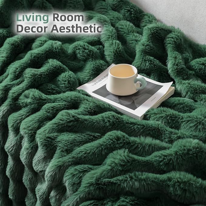 Faux Rabbit Fur Throw for Couch - Dark Green Bubble Blanket 50"x60" | Fluffy Plush Fuzzy Throw for Sofa & Bed, Super Soft Cozy Comfrt Blanket, Luxury Aesthetic Dark Green Decor Gift for Women