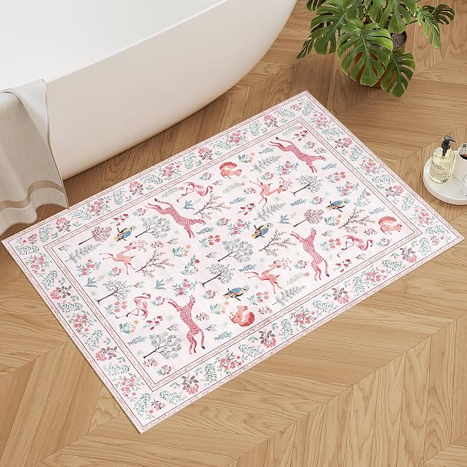 DUKINO 2x3 Entryway Rug, Washable Door Mat Animal Rug for Kitchen, Pink | Non Slip, Low Pile, Soft Indoor Small Rug for Entrance, Bedroom, Bathroom, Laundry, Pet Friendly, Lightweight, Non-Shedding