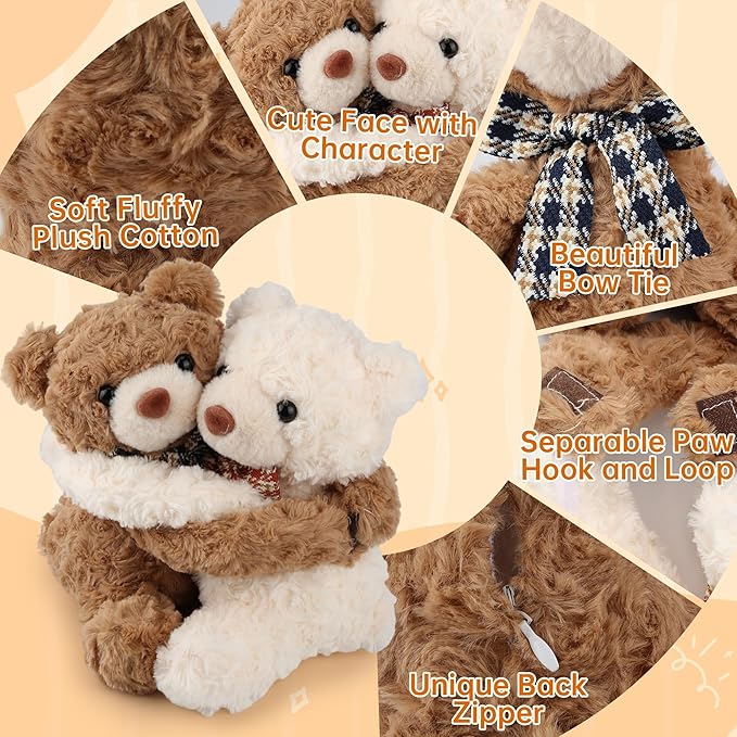 Hugging Teddy Bears, Two Hugging Teddy Bears Stuffed Animals for Couple Girlfriend Girls Kids with Paw Hook and Loop, Soft Plush Toys Companion Gifts for Valentines Birthday Christmas Room Home Decor