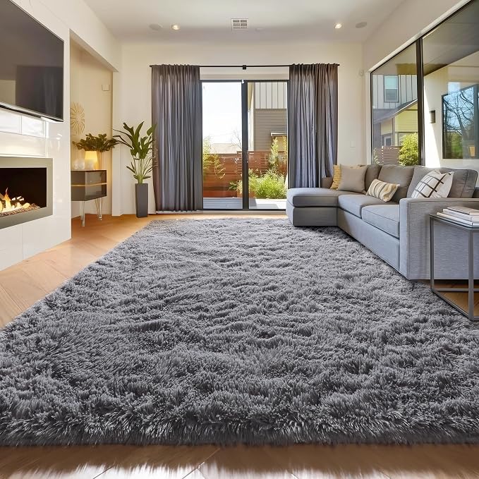 Amdrebio Grey Large Plush Shaggy Rug 6x9 for Living Room Bedroom Classroom | Fluffy Fuzzy Furry Carpet, Nursery Playroom Dorm Office Game Room Decor, Modern Neutral Aesthetic, Baby Kids Toddler Corner