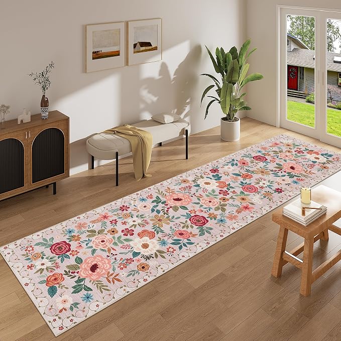 DUKINO 2.6x10 Runner Rug for Hallway, Washable Kitchen Rugs Non Slip, Beige | Soft, Low Pile, Floral Indoor Floor Rug Runner for Entryway, Bedroom, Bathroom, Laundry, Pet Friendly, Home Decor, Ultra-Thin