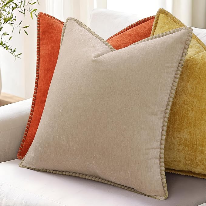 decorUhome Soft Chenille Throw Pillow Covers 18x18 Set of 2 Mineral Yellow | Fall Textured Decorative Throw Pillow Cases Stitched Edge Modern Farmhouse Luxury Boho Velvet for Couch Sofa Bed Home Decor