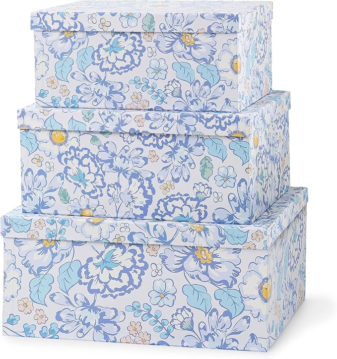 Soul & Lane - Sky Meadow Decorative Storage Boxes with Lids, Set of 3 | Floral Paperboard Nesting Containers for Keepsakes, Memories and Photos, Large Gift Set Boxes for Presents and Decor