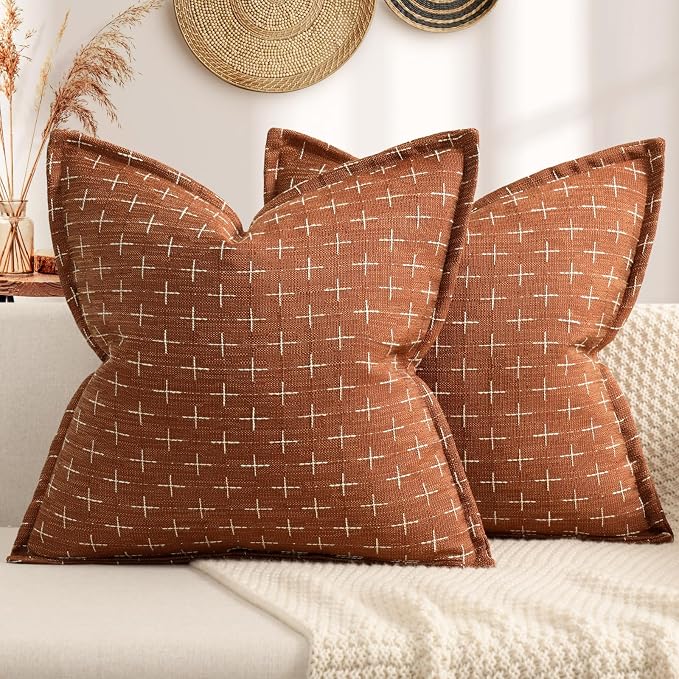 Fall Pillow Covers 20x20 Set of 2 Soft Polyester Textured Rust Pillow Covers with Stylish Flange Edge Cozy Farmhouse Throw Pillows for Couch Bed Sofa Living Room Fall Decor