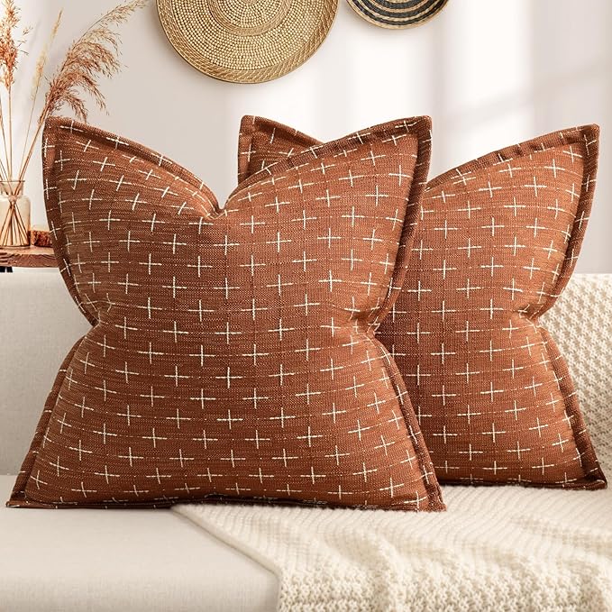 Fall Throw Pillow Covers 26x26 Set of 2 Soft Polyester Textured Rust Pillow Covers with Stylish Flange Edge Cozy Farmhouse Throw Pillows for Couch Bed Sofa Living Room Fall Decor