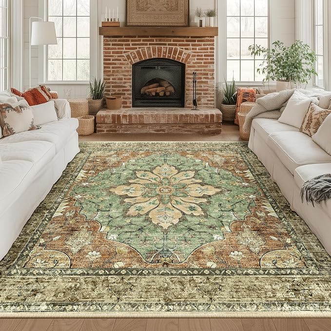 RELEANY Area Rugs Square 8ft Washable Non-Slip, Floral Vintage Distress Medallion Carpet for Living Room Bedroom Dining Room, Terracotta Burnt Orange Green