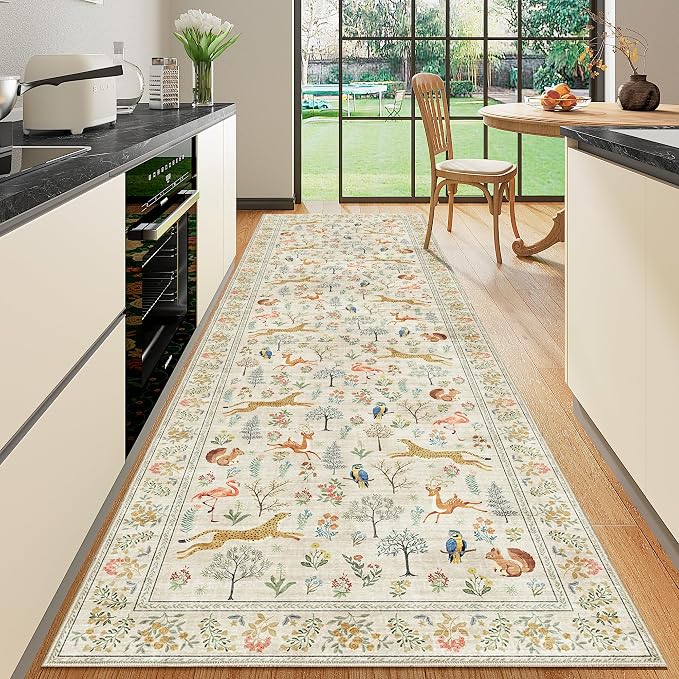 DUKINO 3x10 Washable Runner Rug, Non Slip Animal Rug for Hallway, Beige | Low Pile, Stain Resistant, Soft Thin Indoor Rug Runner for Kitchen, Entryway, Bedroom, Bathroom, Pet Friendly, Non-Shedding