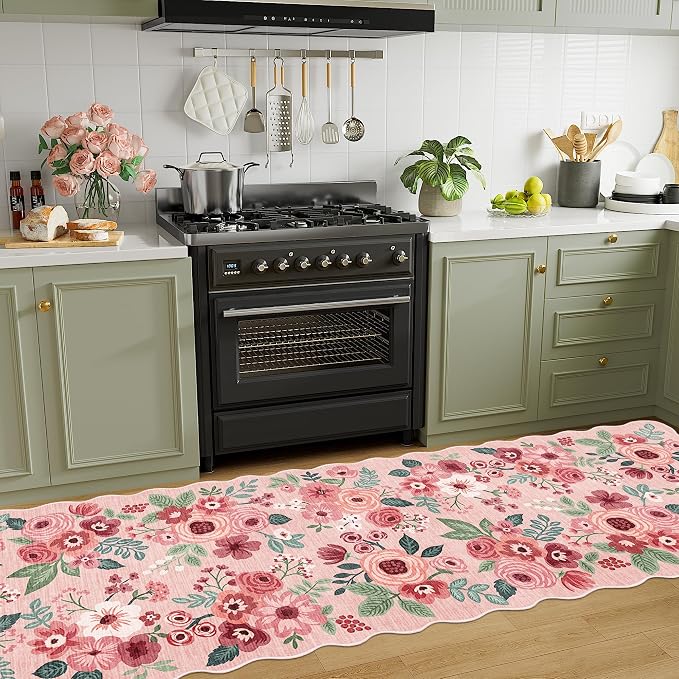 DUKINO 2.6x10 Runner Rug for Hallway, Floral Washable Rug Non Slip, Pink | Soft, Low Pile, Lightweight Indoor Throw Rug Runner for Entryway, Bedroom, Bathroom, Laundry, Pet Friendly, Modern Home Decor