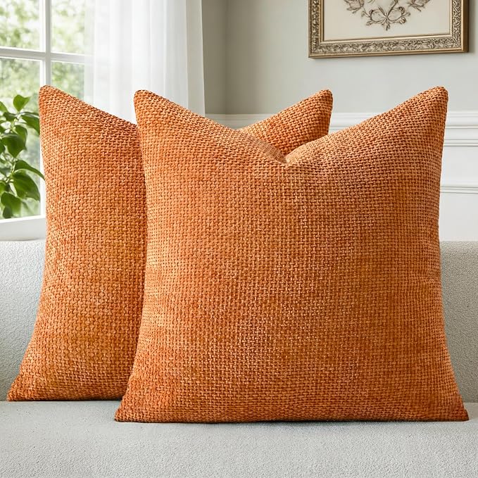a moment Orange Chenille Throw Pillow Covers 18x18 Inch Pack of 2 Modern Decorative Throw Pillow Covers Farmhouse Cross Covers Home Decor for Sofa Bedroom Living Room