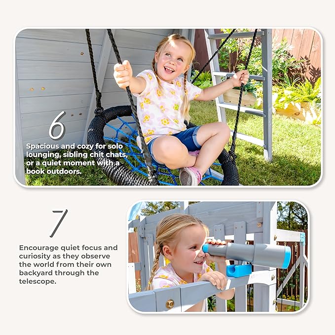 Teamson Kids Laguna Outdoor Wooden Swing Set with Slide, Rock Climbing Wall, Fireman Pole & Trapeze Bar, Gray & Aqua, Backyard Playset for Toddlers and Kids Ages 3–10