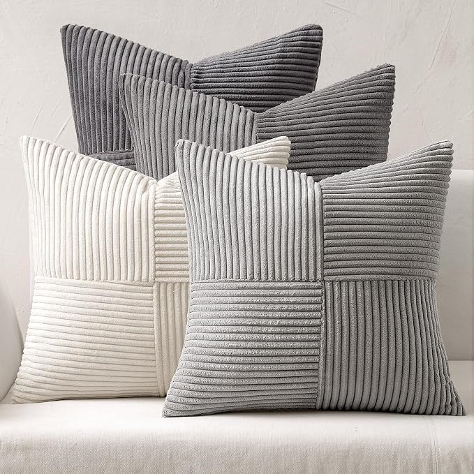 MIULEE Neutral Grey Decorative Throw Pillow Covers 18x18 Inch Set of 4 Modern Farmhouse Corduroy Cushion Cases Striped Patchwork Pillow Cases for Couch Sofa Bedroom Home Decor