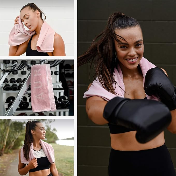 Pink Gym Towel for Women - Organic Cotton Silver Infused Sweat Towel, 500 GSM, 31.5"x15.75" - Soft Absorbent Workout Towel for Gym Yoga Spin and Pilates, Exercise Towel