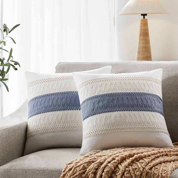 2pk Boho Pillow Covers 16x16, Natural White/Contrast/Blue | 100% Organic Cotton Body, Stripe Embroidery, Farmhouse Decorative Cushion Covers for Sofa Bed Living Room Home Decor