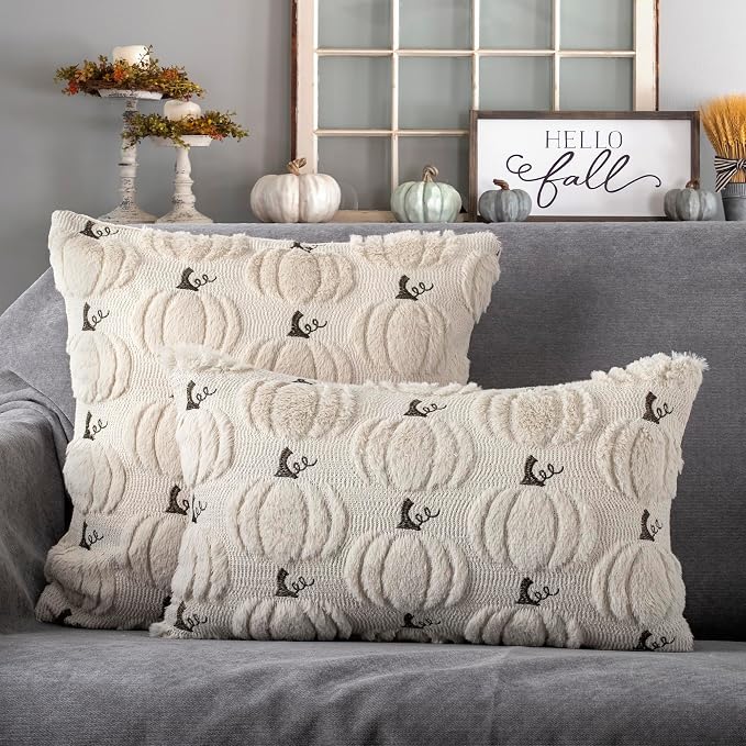 Fall Pumpkin Decorative Lumbar Pillow Covers 12x20 Set of 2, Beige Soft Plush Faux Fur Wool Farmhouse Throw Cushion Cases for Autumn Thanksgiving Holiday Home Decorations
