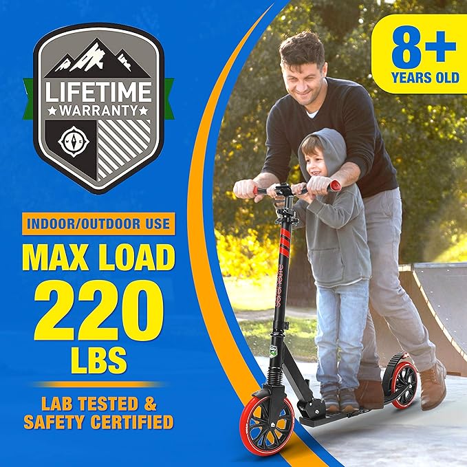 SereneLife Two Wheel Scooter for Teens, Smooth Gliding Kick Scooter for Adults w/Adjustable Height for Ages 8+, Portable All Terrain Scooter w/Carry Straps, Easy to Fold