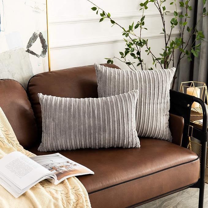 UGASA Pack of 2, Velvet Pillow Covers Striped Decorative Throw Cushion Case with Hidden Zipper for Home Couch/Bedroom/Car, Soft Cozy Solid Square (20"x20", Light Grey)