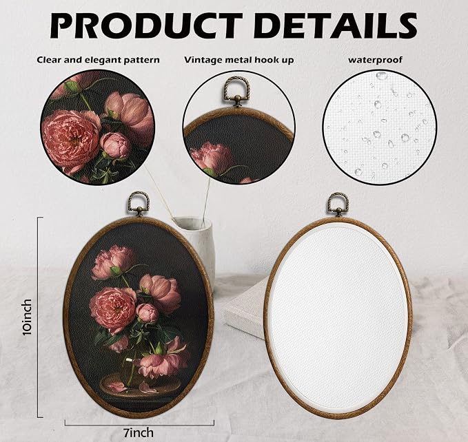 Moody Pink Peony Oval Wall Art, Vintage Dark Pink Peonies Oval Framed Wall Art, Waterproof Floral Cottage Core Home Decor for Western Farmhouse Bedroom Living Room, Home Retro Decor Products, 22