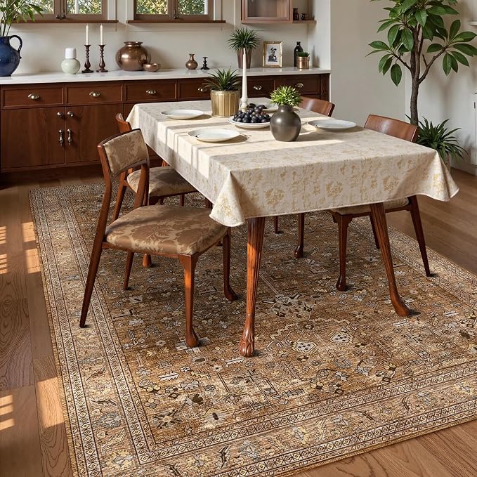 Washable Area Rug 5' x 7' Vintage Traditional Persian Mat - Foldable Distressed Non-Slip Machine Washable Carpet for Living Room Bedroom Kitchen Home Decor - Bronze and Ivory