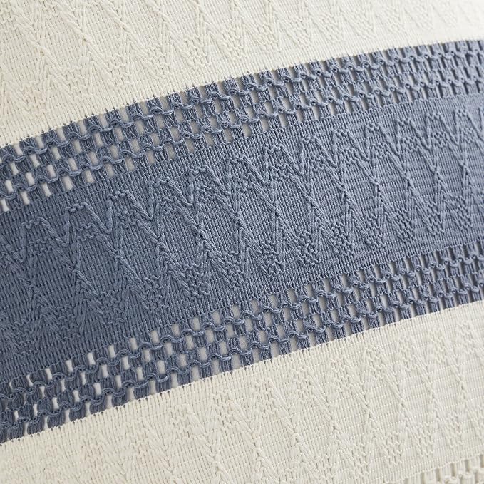 2pk Boho Pillow Covers 24x24, Natural White/Contrast/Blue | 100% Organic Cotton Body, Stripe Embroidery, Farmhouse Decorative Cushion Covers for Sofa Bed Living Room Home Decor