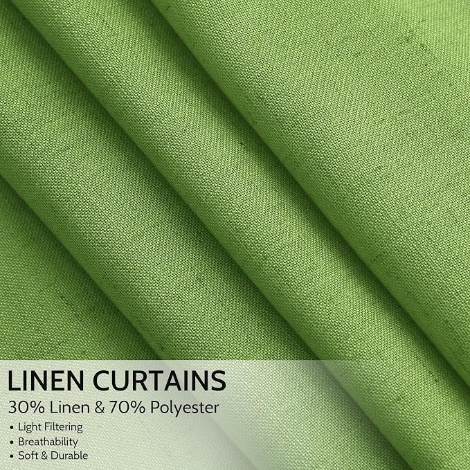 Nanspring Lime Green Linen Blend Light Filtering Back Tab Curtains 108 Inches Long, Semi Sheer Privacy Drapes for Living Room & Bedroom, 52x108 inch, 2 Panels